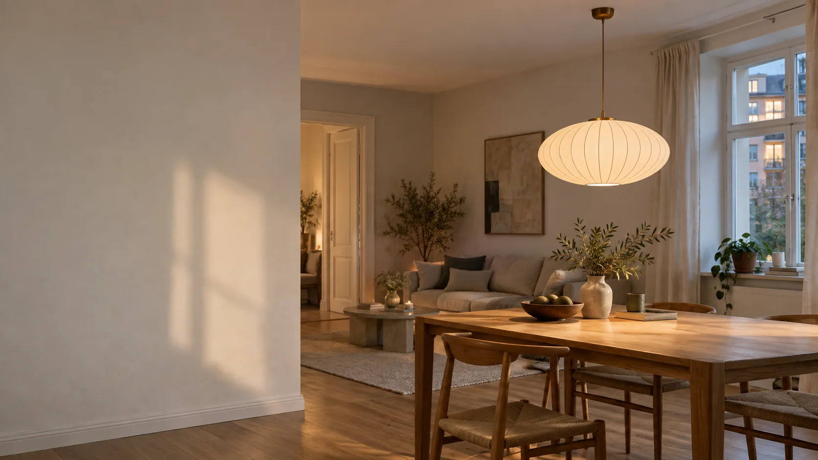 Pendant lighting in a bright European apartment.