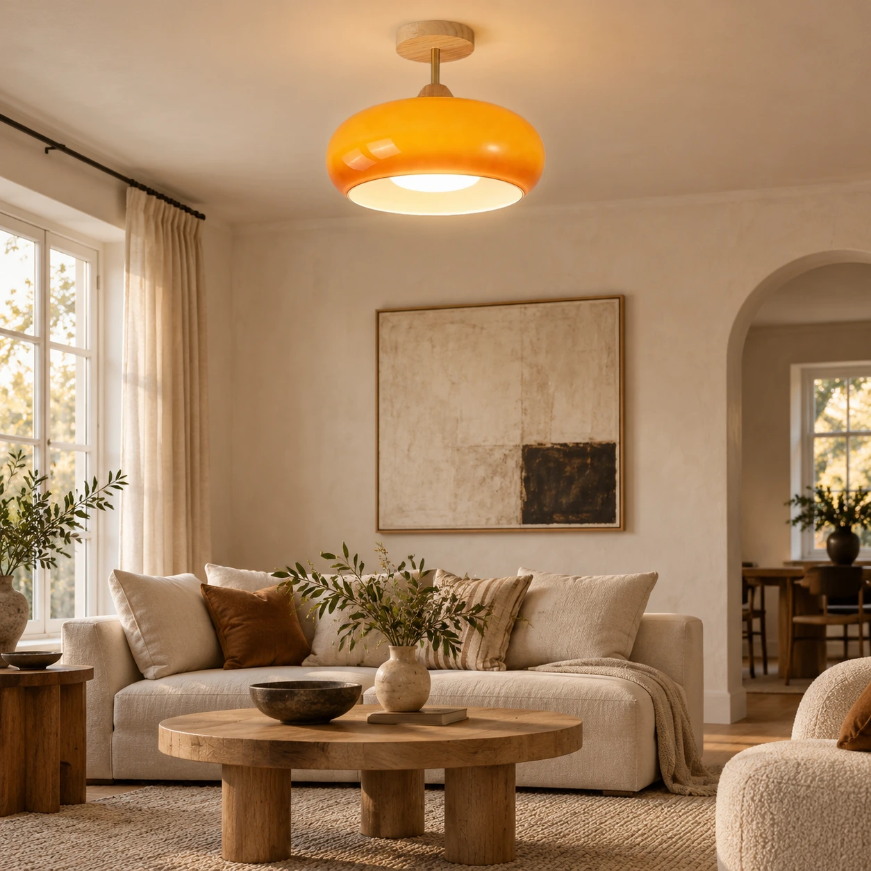 Warmes Deckenlicht in einem neutralen Wohnzimmer