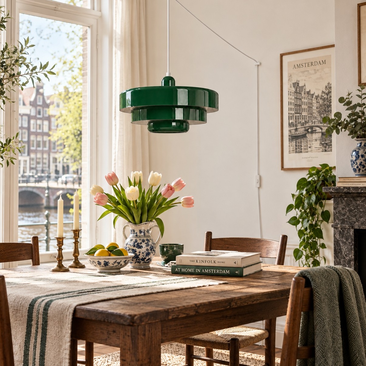 Grüne Bauhaus-Pendelleuchte über dem Esstisch