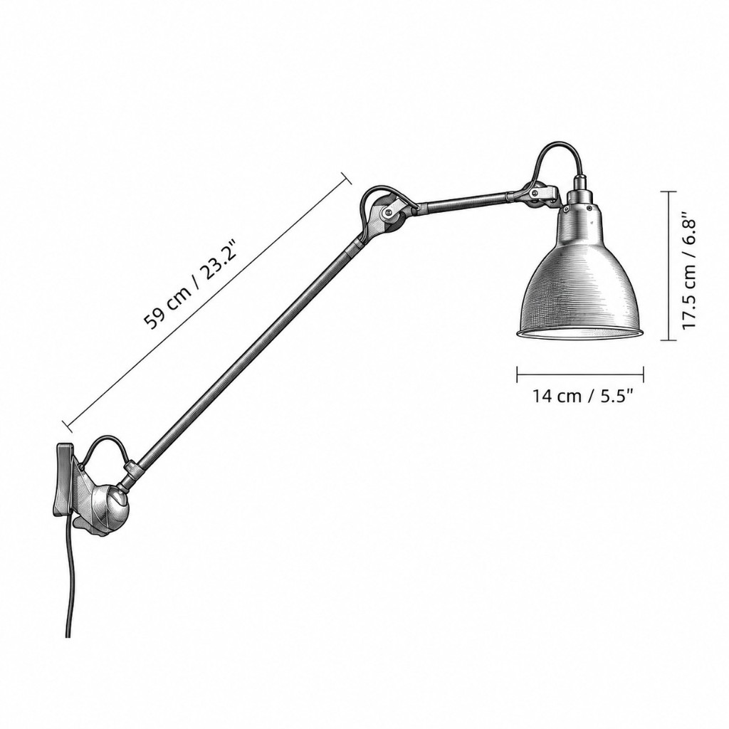 Articula Maßzeichnung Modell B, Arm 59 cm, Schirmhöhe 17,5 cm, Durchmesser 14 cm