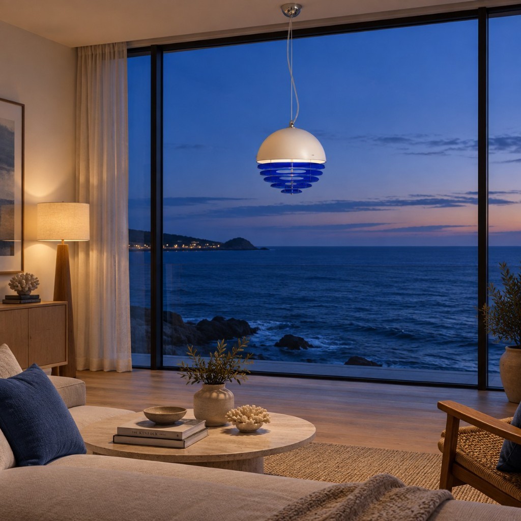 Kleinblaue Sunset-Pendelleuchte in einem Wohnzimmer in der Dämmerung
