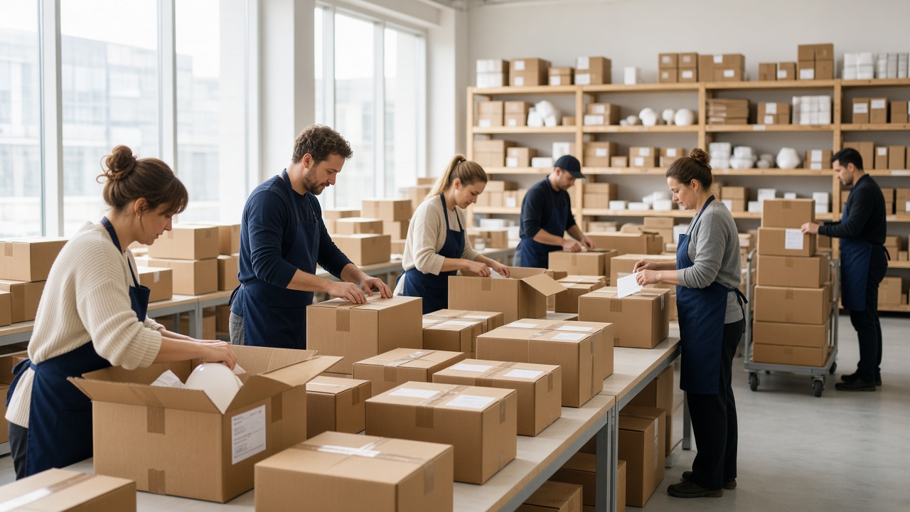 Mitarbeiter beim Verpacken im europäischen Lager