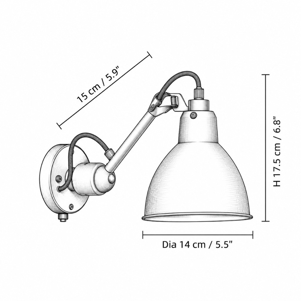 Articula Maßzeichnung Modell A, Arm 15 cm, Schirmhöhe 17,5 cm, Durchmesser 14 cm