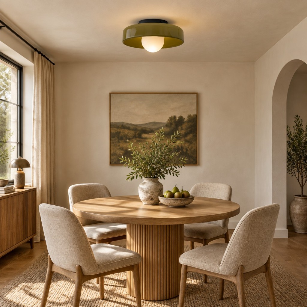 Olivgrüne Glasenti-Halo-Leuchte im Esszimmer