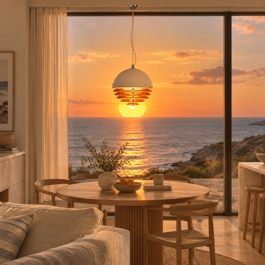 Orange-weiße Sunset-Pendelleuchte über einem Esstisch bei Dämmerung