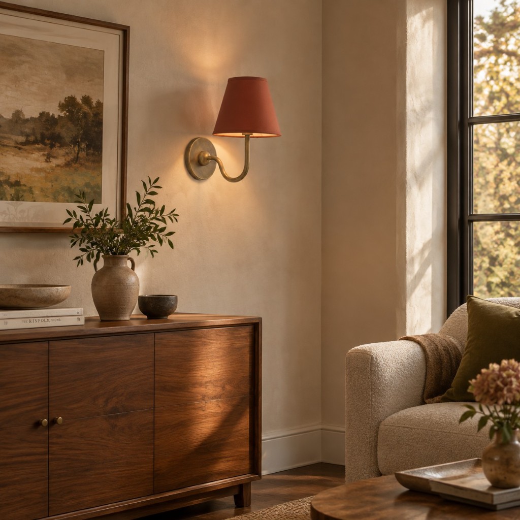 Luvora Messing-Wandleuchte mit Senfgelb-Schirm über dem Sideboard im Wohnzimmer
