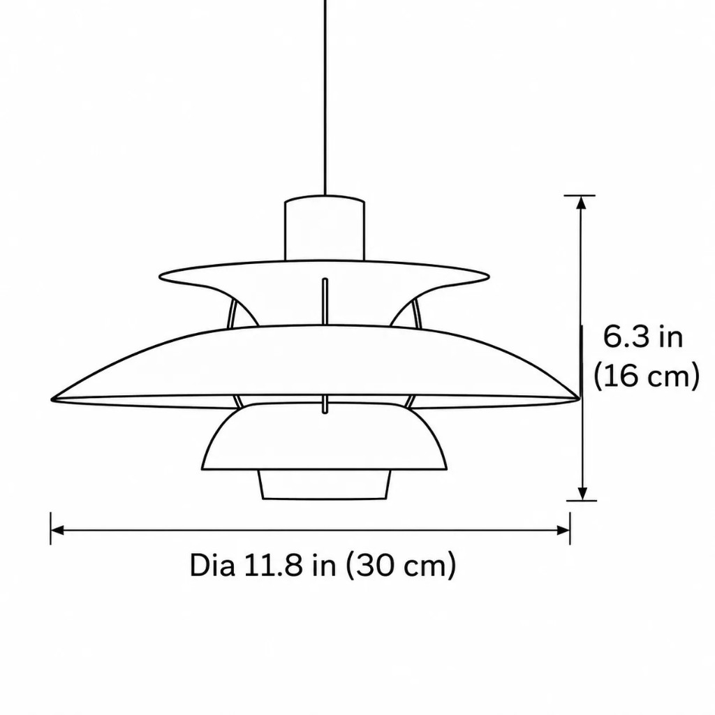 Strichzeichnung, Durchmesser 11,8 Zoll bzw. 30 cm, Höhe 6,3 Zoll bzw. 16 cm
