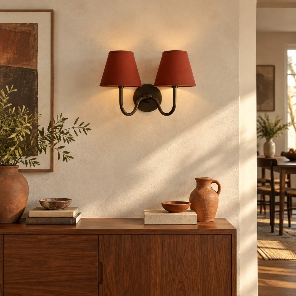 Luvora 2-flammige Terrakotta-Wandlampe über einem Walnuss-Sideboard