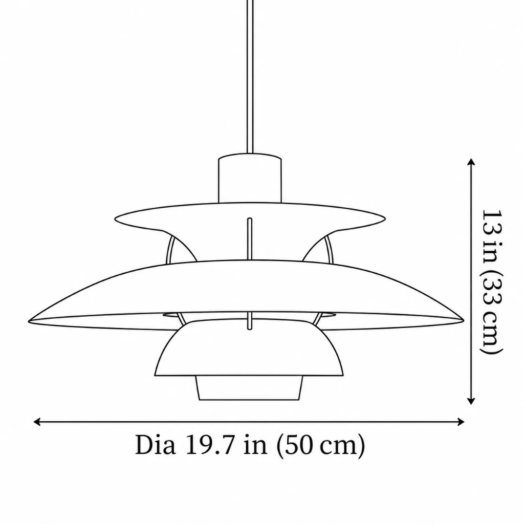 Strichzeichnung, Durchmesser 19,7 Zoll bzw. 50 cm, Höhe 13 Zoll bzw. 33 cm