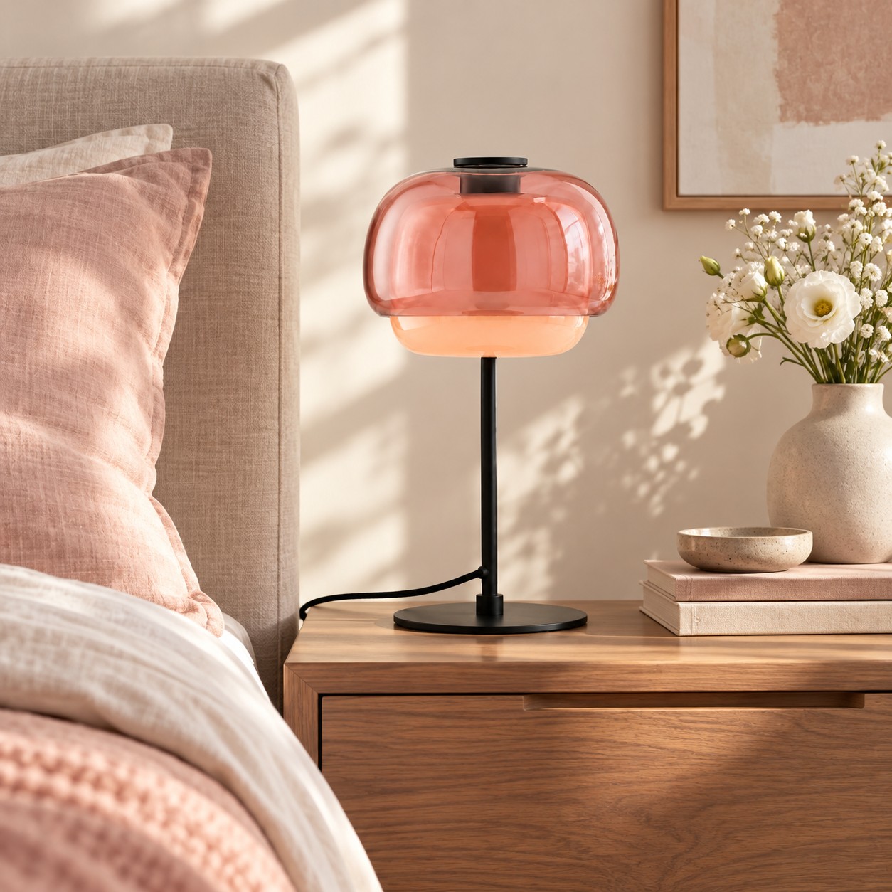 Clinco Tischlampe in Nude im Schlafzimmer