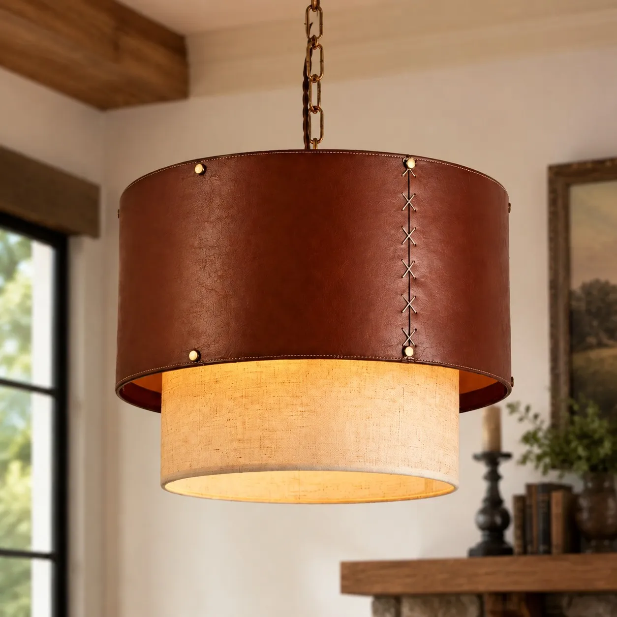 Rustic brown leather pendant light in a styled room