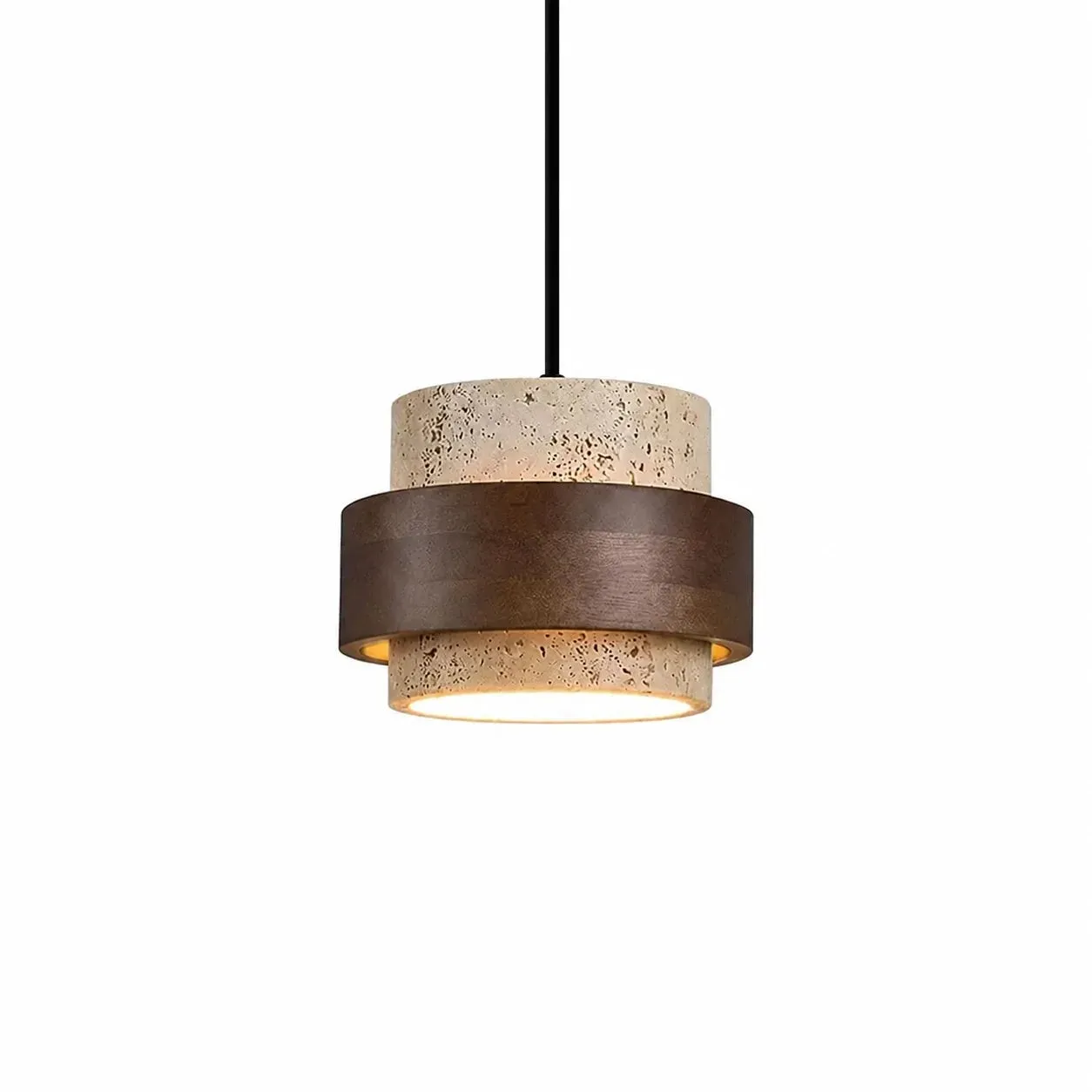 1-Light travertine and walnut cylinder pendant