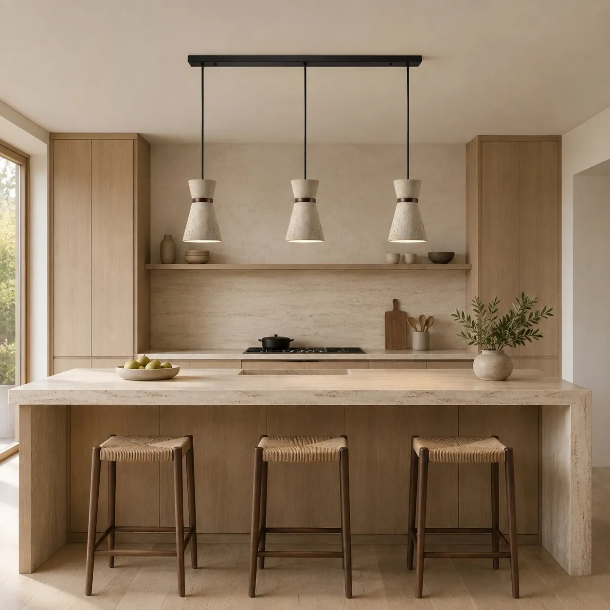 Three head travertine pendant light over a kitchen island
