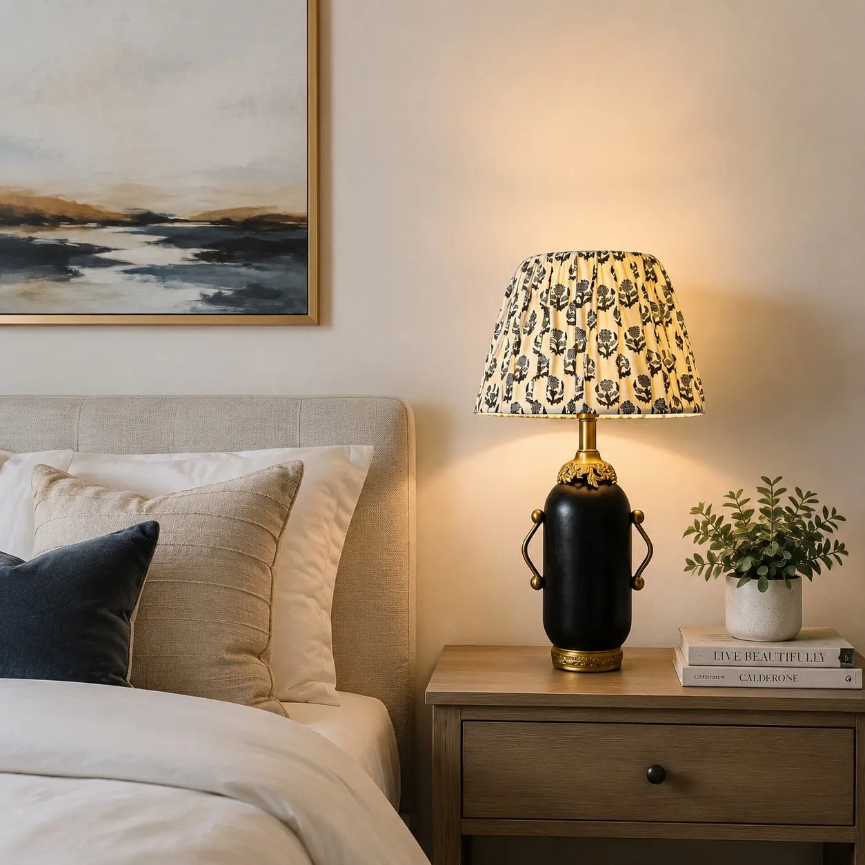 Matte black floral table lamp glowing on a bedroom nightstand