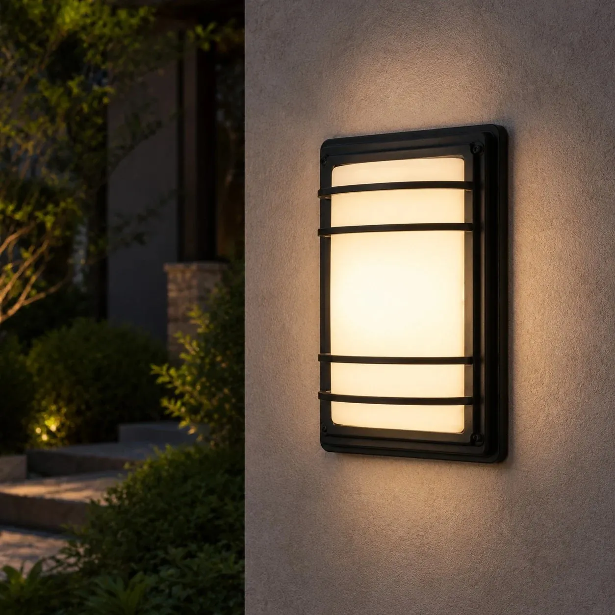Outdoor wall light installed on an exterior wall at night