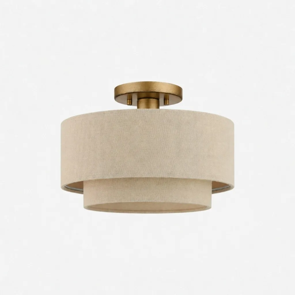Lumeris Layered Linen Semi-Flush Mount Ceiling Light with Aged Brass Finish for Living Room