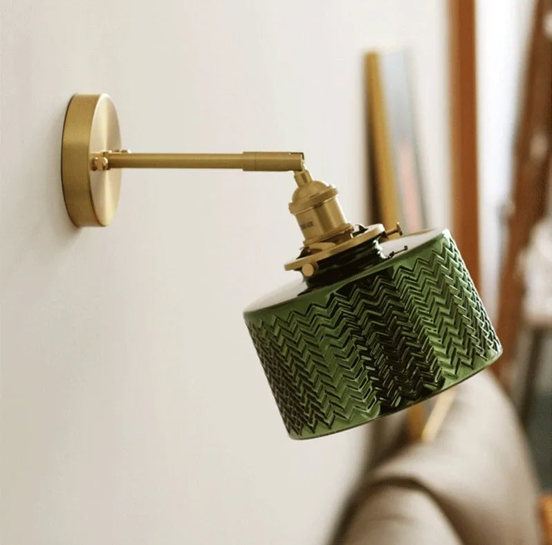 Green Art Deco Glass Wall Sconce with Brushed Brass 1