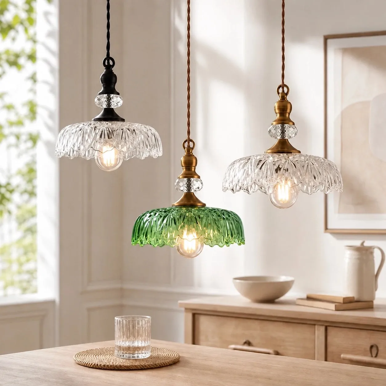 Sylvie Vintage Glass Brass Flower Pendant Light 1