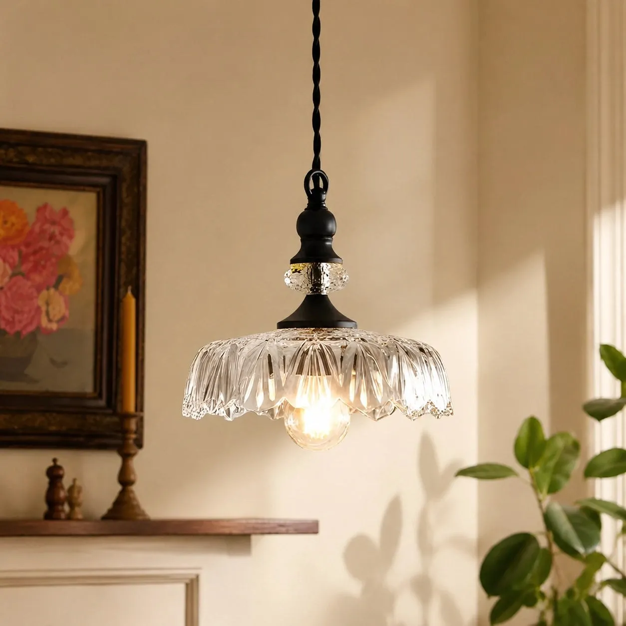 Sylvie Vintage Glass Brass Flower Pendant Light 18