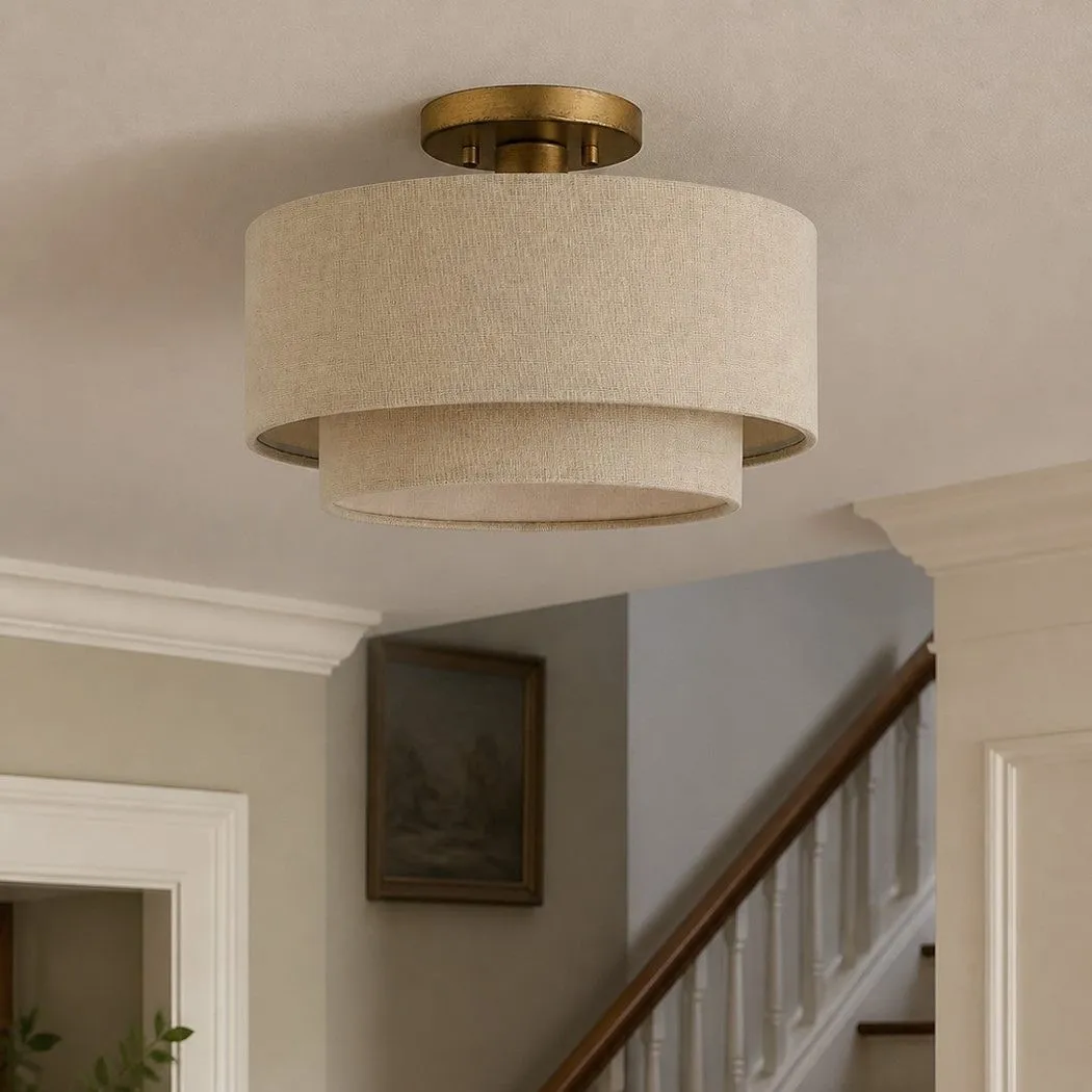Lumeris Layered Linen Semi-Flush Mount Ceiling Light with Aged Brass Finish for Living Room