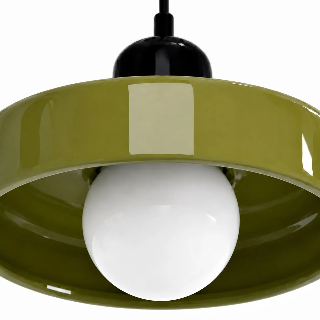 Close underside view of the glass disc and frosted globe
