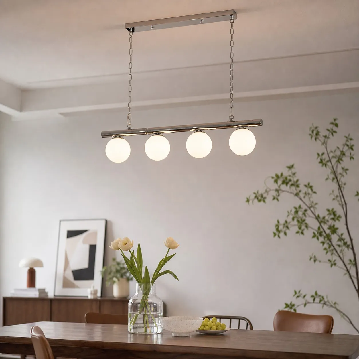 White globe chandelier above a dining table