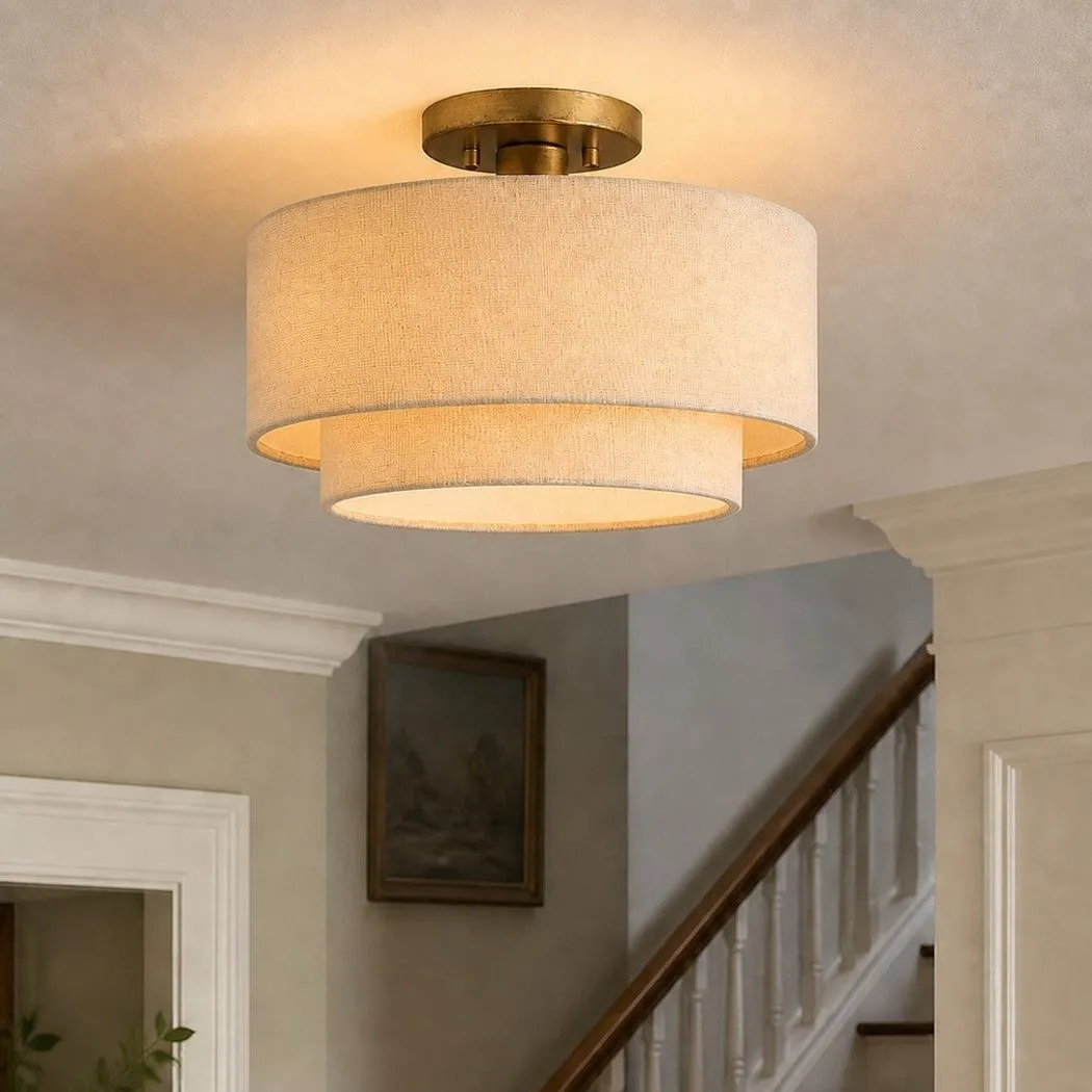 Lumeris Layered Linen Semi-Flush Mount Ceiling Light with Aged Brass Finish for Living Room