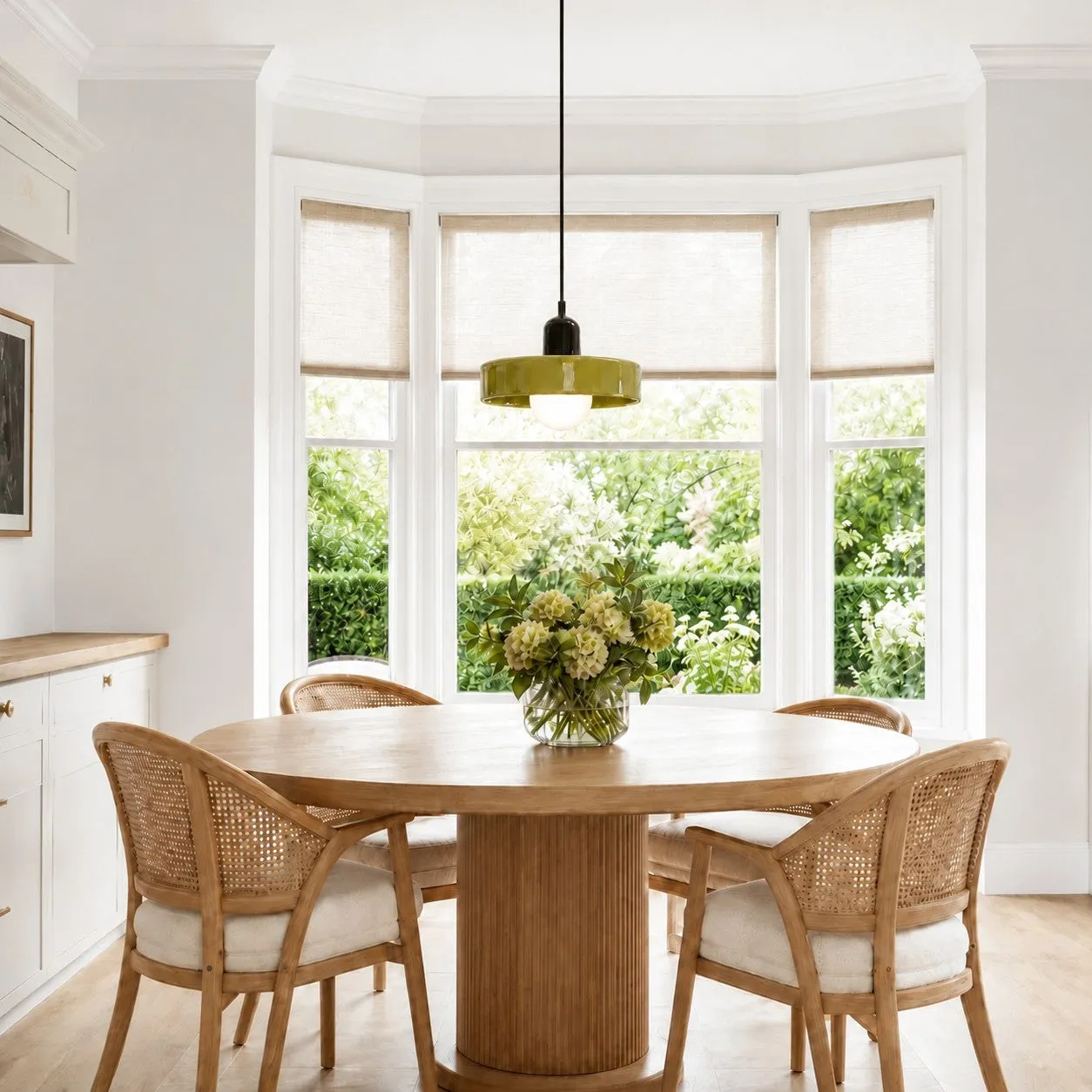 Pendant over a round wood dining table