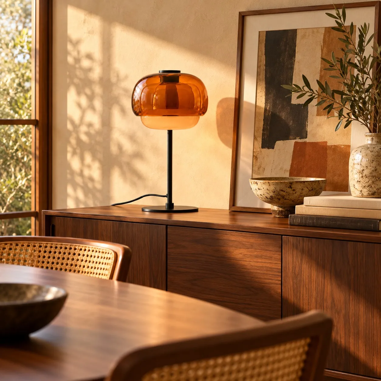 Clinco Tischlampe Dunkelorange auf dem Sideboard