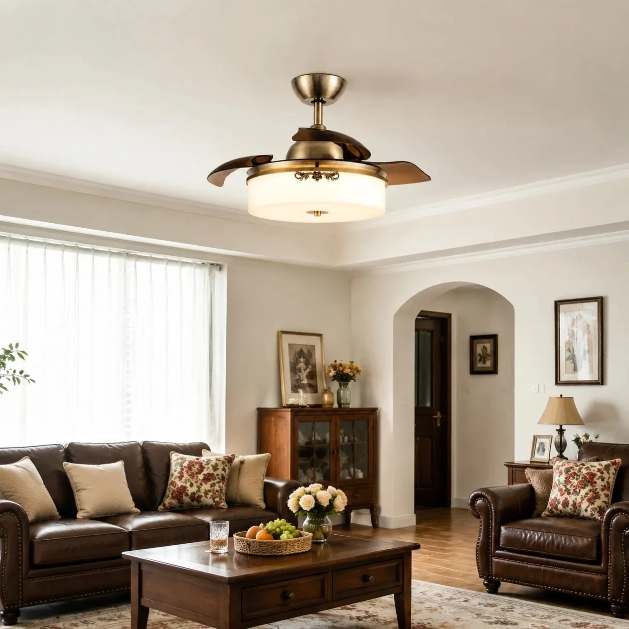 Retractable ceiling fan light above classic living room seating
