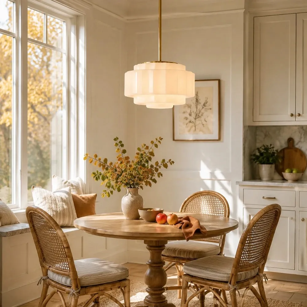 Antique Brass Tiered Opal White Glass Pendant Light