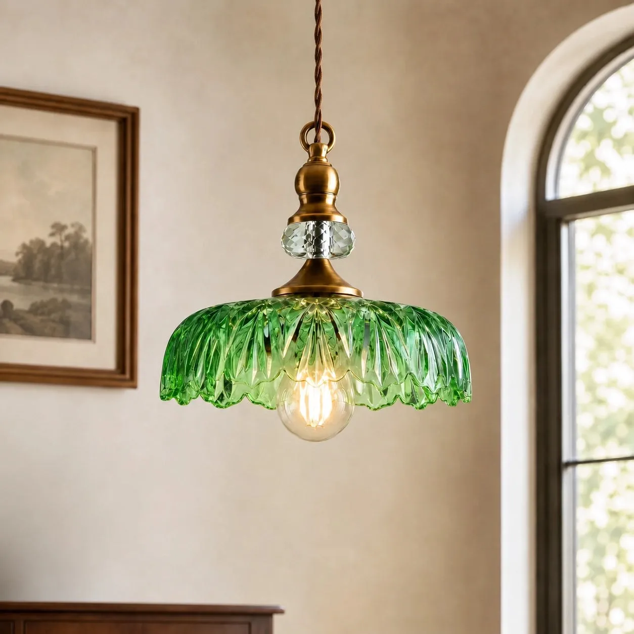 Sylvie Vintage Glass Brass Flower Pendant Light 15