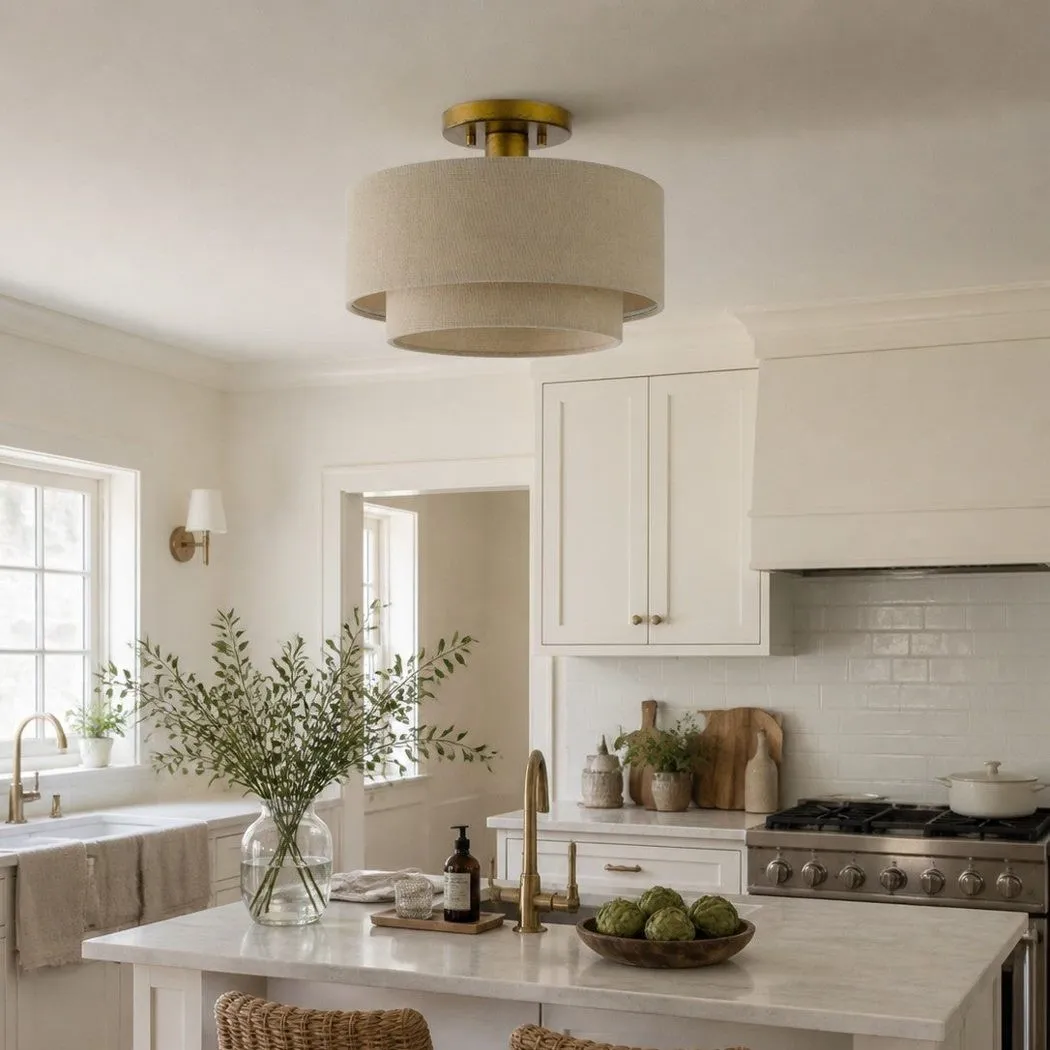 Lumeris Layered Linen Semi-Flush Mount Ceiling Light with Aged Brass Finish for Living Room
