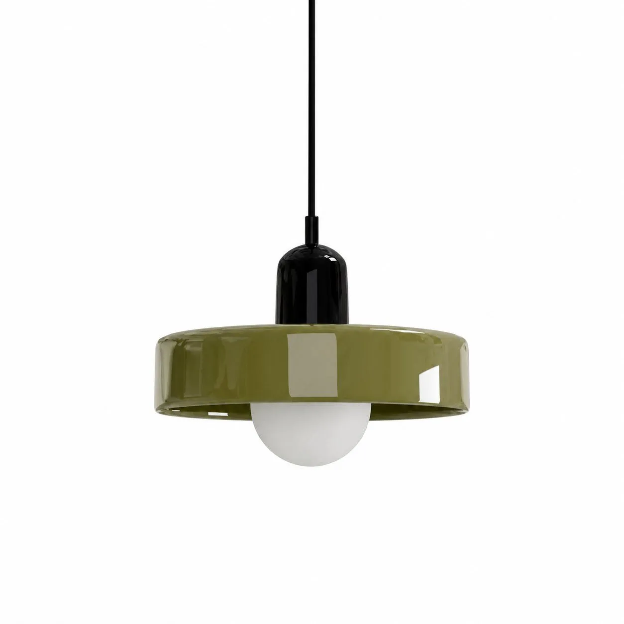 Studio view of green glass disc pendant with black metal cap