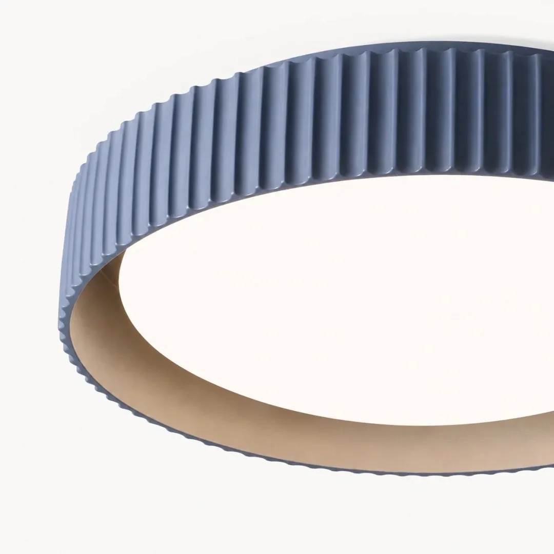 Blue flush mount light angled underside view